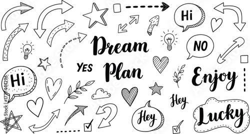 Sketchy Doodle Design with Arrows, Stars, Hearts, Speech Bubbles on White Background