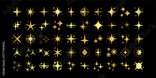 Golden Star icons. Twinkling stars. Sparkles, shining burst. Christmas vector symbols isolated star icons in vector, shining icons, shiny, sparkling light