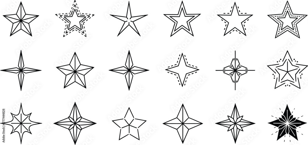 Fototapeta premium Star Shapes Collection, Outline Stars Variety, Starburst Designs,