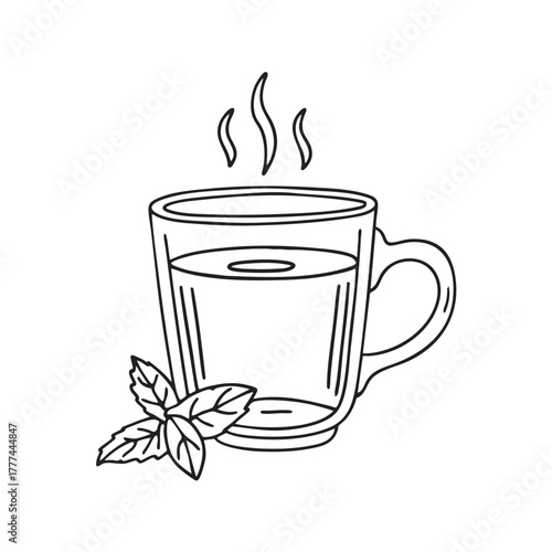 Glass cup holding hot tea accompanied by fresh mint sprigs