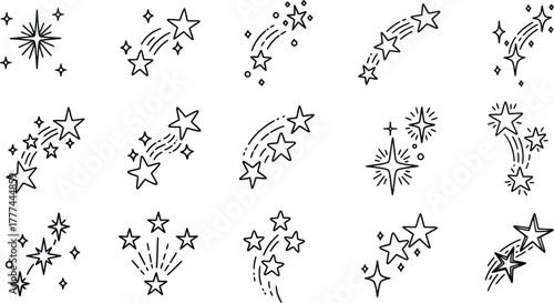 Star Trails Outline Set on Transparent Background, Celestial Fireworks, Sparkle Icon