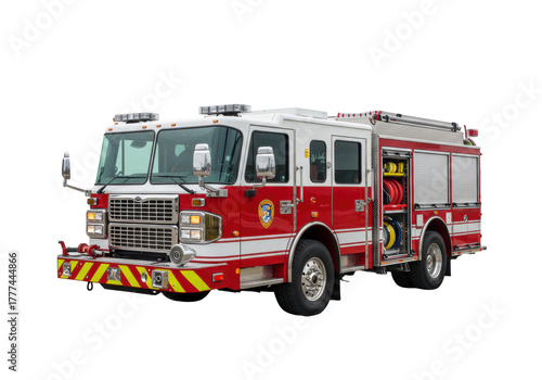 Photos Isolated Red and White Fire Engine with Emergency Equipment for Rescue Missions