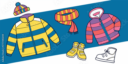 A product shot featuring a collection of children's winter clothing items arranged on a solid blue backdrop. The main subjects are various brightly colored winter jackets, knitted hats, scarves, and p