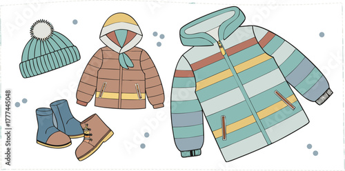 A product shot featuring a collection of children's winter clothing items arranged on a solid blue backdrop. The main subjects are various brightly colored winter jackets, knitted hats, scarves, and p