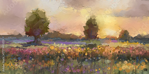 Digital painting, Oil painting outdoor landscape with flower, wildflower, field, meadow and blue sky on canvas. Illustration artwork, summer - spring nature. Contemporary impressionist art