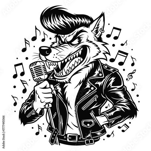 Rock and Roll Wolf Singing into Microphone with Musical Notes Illustration