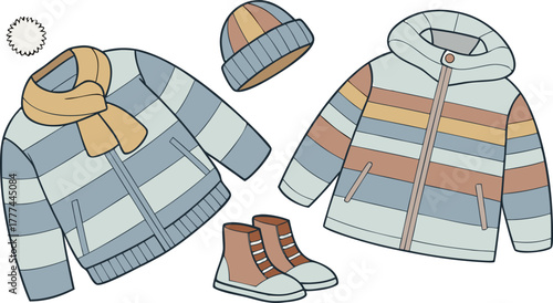 A product shot featuring a collection of children's winter clothing items arranged on a solid blue backdrop. The main subjects are various brightly colored winter jackets, knitted hats, scarves, and p