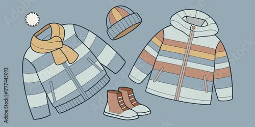A product shot featuring a collection of children's winter clothing items arranged on a solid blue backdrop. The main subjects are various brightly colored winter jackets, knitted hats, scarves, and p