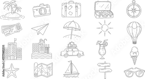 Summer Vacation Holiday Icons Set Outline Doodles Camera, Travel, Hotel, Ice Cream