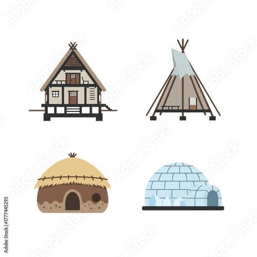 Diverse architectural structures showcasing various traditional housing styles and designs.