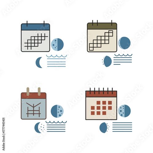 Flat design calendar icons illustrating moon phases and tidal patterns.