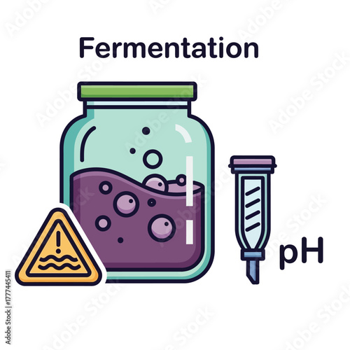 Fermentation process with pH indicator and warning sign.
