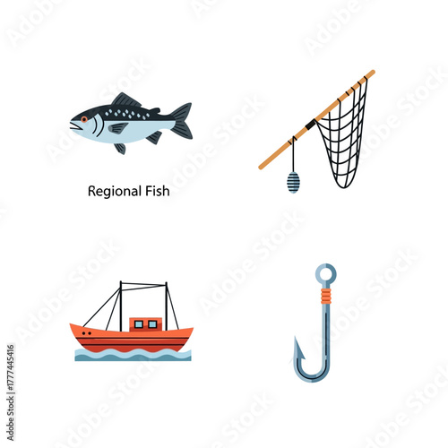 Fishing Equipment and Regional Fish Illustration.
