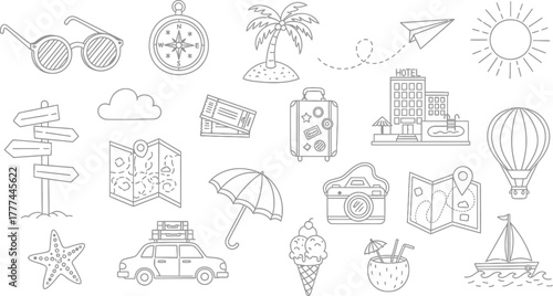 Travel Holiday Line Art Icons On White Sunglasses, Compass, Palm, Map and More