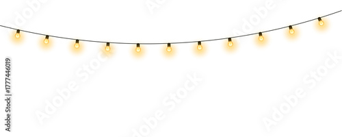 Realistic warm glowing string lights or christmas fairy light overlay with soft warm white illumination for wedding festive event celebration and home decoration on transparent background