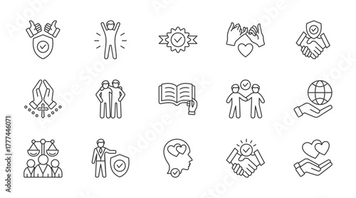 Trust thin line icon set. Containing confidence, credibility, promise, trustworthy, faith, friends, truth, relience, responsibility, rthics. Vector illustration