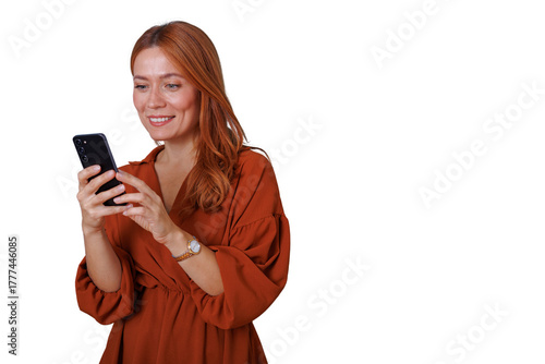 Happy young woman smiling, holding smartphone, checking social media or messaging, transparent background