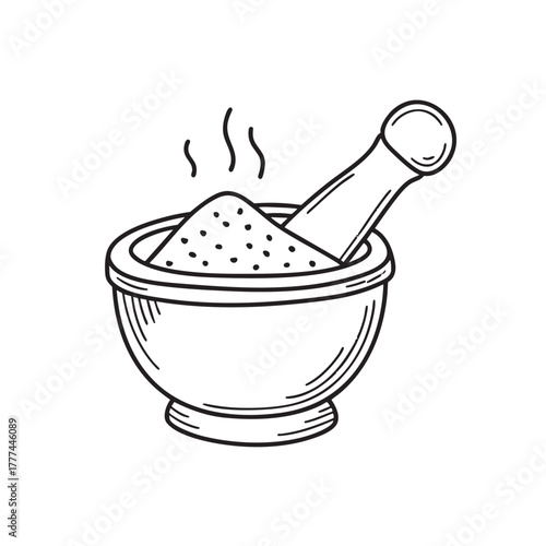 Mortar containing a hand-ground aromatic spice blend