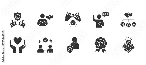 Trust thin glyph icon set. Containing reliable, sincerity, commitment, swear, relationship, loyalty, reciprocity, integrity, trusted. Vector illustration