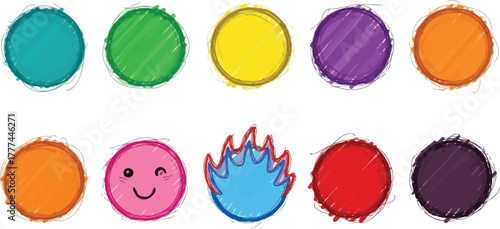 Vibrant Sketchy Colorful Circles with Playful Smile and Flame Design on White