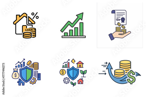 Financial and Real Estate Investment Icons Set: Growth, Security, Mortgage & Property Protection