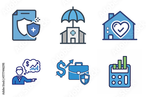 Insurance and Finance Icons Set: Health, Home, Business Protection & Investment