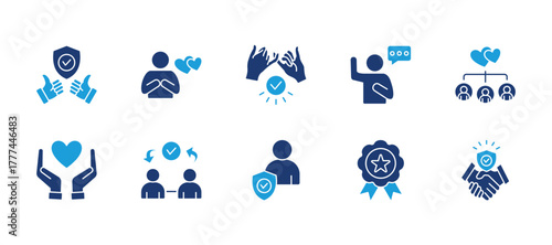 Trust thin flat blue icon set. Containing reliable, sincerity, commitment, swear, relationship, loyalty, reciprocity, integrity, trusted. Vector illustration