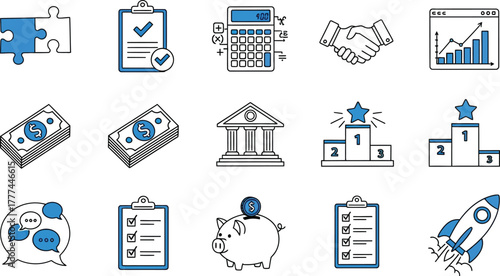 White Background Business Financial Icons with Calculator, Checklist, Money, and Rocket
