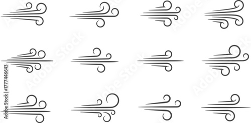 Wind Icons Set in Format, Breezy Weather Symbols on White Background