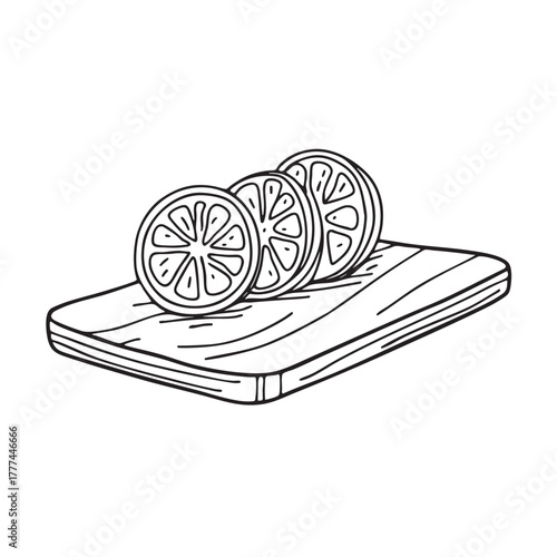 Wooden board neatly arranged with slices of lemon