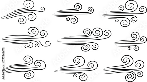 Wind Silhouette Set Isolated on White Background Black Line Windy Elements