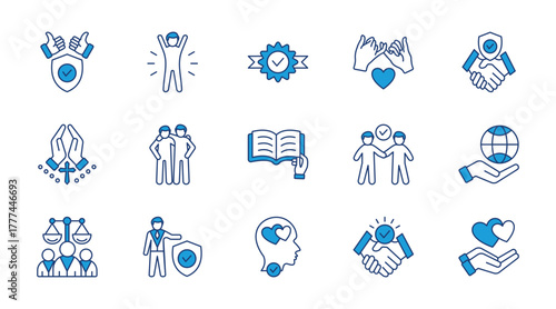 Trust thin blue icon set. Containing confidence, credibility, promise, trustworthy, faith, friends, truth, relience, responsibility, rthics. Vector illustration