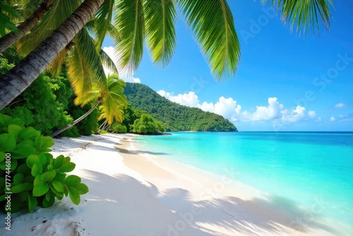 Fototapeta Naklejka Na Ścianę i Meble -  Lush green tropical island paradise, pristine white sand beach meets turquoise ocean under a vibrant blue sky Perfect for travel, vacation, and getaway imagery , travel, peaceful, calm