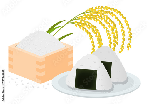 升に入った白米と稲穂と皿に乗ったおにぎりのイメージイラスト
