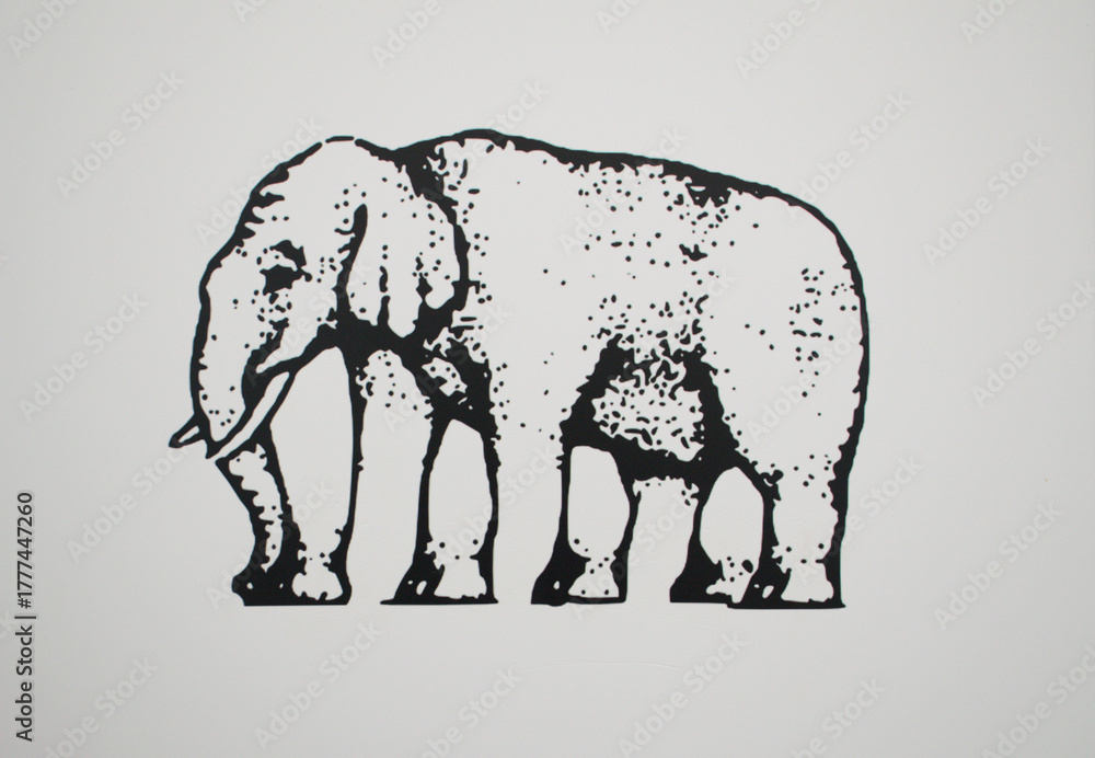 Fototapeta premium Creative black and white optical illusion illustration of an elephant featuring an ambiguous leg design that confuses the eye. This surreal artwork plays with visual perception and perspective.