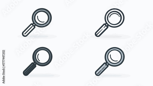 Set of vector magnifying glass icons. Minimalist search, zoom, and focus UI elements. Find and explore concepts.
