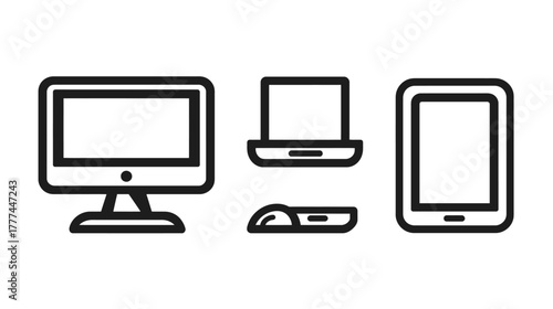 Modern Technology Device Icons Set: Desktop PC Monitor, Laptop, Tablet, and Stylus Line Art for Digital Design & Responsive Web