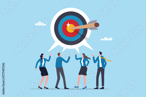 Team target or teamwork achieve goal and success together, business mission, collaboration or cooperation to same objective, business people employees taking same business bullseye achievement target.