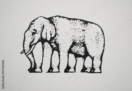 Creative black and white optical illusion illustration of an elephant featuring an ambiguous leg design that confuses the eye. This surreal artwork plays with visual perception and perspective. 