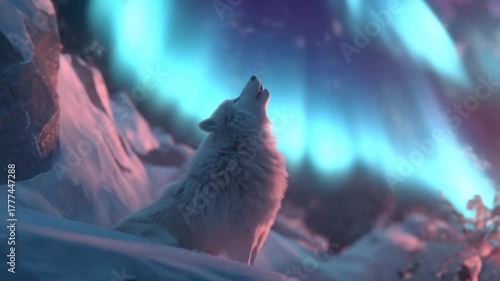A white wolf howls at the aurora borealis, framed by snowy mountains under a colorful night sky