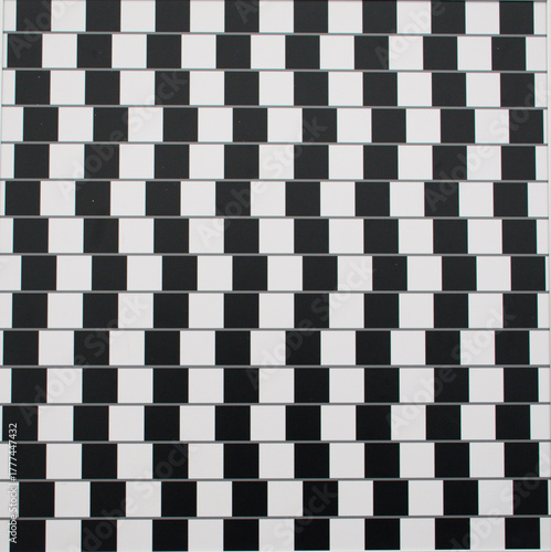 Classic black and white café wall optical illusion featuring a checkerboard pattern that makes parallel lines appear slanted. Striking visual illusion demonstrates how contrasting tones.