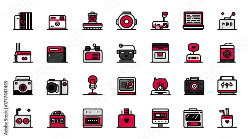 Modern pixel perfect flat outline icons set for electronic devices, technology, media, and entertainment gadgets. Digital symbols.