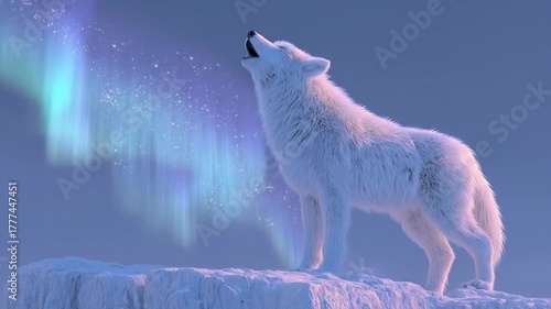 A majestic white wolf howls beneath a vibrant aurora borealis, on a snowy landscape, night scene