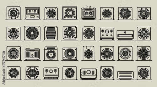 Set of retro audio equipment icons including speakers, amplifiers, and stereo systems. Vector illustration for music and sound design.