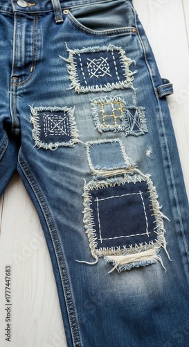 Denim jeans with hand-stitched visible patches and sashiko embroidery for sustainable fashion visuals, DIY repair inspiration, upcycling ideas, and ethical style content