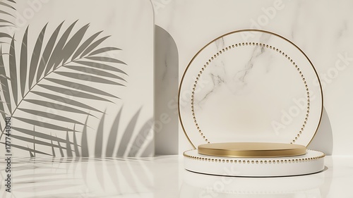 3d product display podium platform. 3d realistic white cylinder pedestal on white marble background. The stage for the showcase. stage, three-dimensional, display, gold, 
