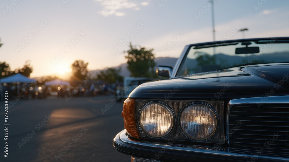 Fototapeta premium Scenic Sunset Over a Desert Gathering with a Car Captured in Close-Up View