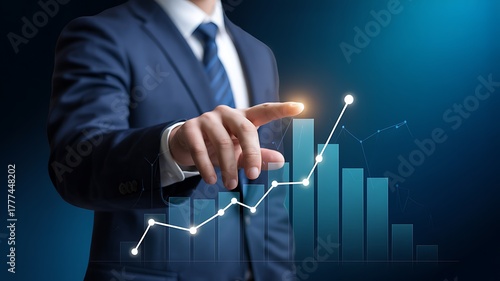 Businessman touching rising graph and growing chart with upward trend on virtual screen.chart, graph, profit, stock, success, businessman, finance, investment, screen, upward, business, 