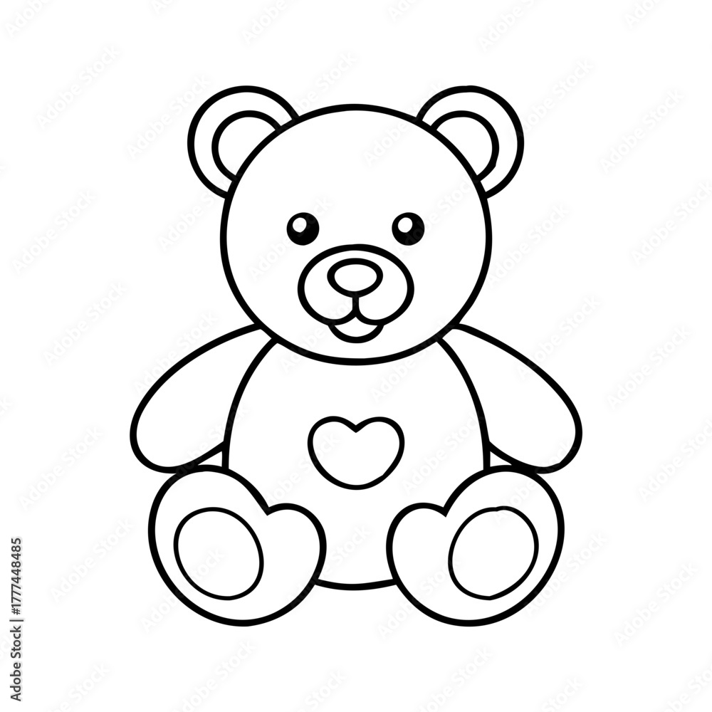 Fototapeta premium Adorable black and white outline drawing of a teddy bear with a heart on its chest, , ideal for creative projects