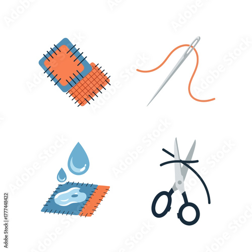 Patchwork and Sewing Icons - Needle, Scissors, and Fabric Repair.
